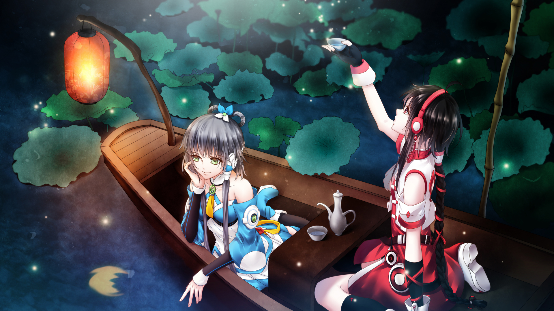 Wallpaper Luo tianyi, anime girls, yuezheng ling, lake, boat, night, outdoor