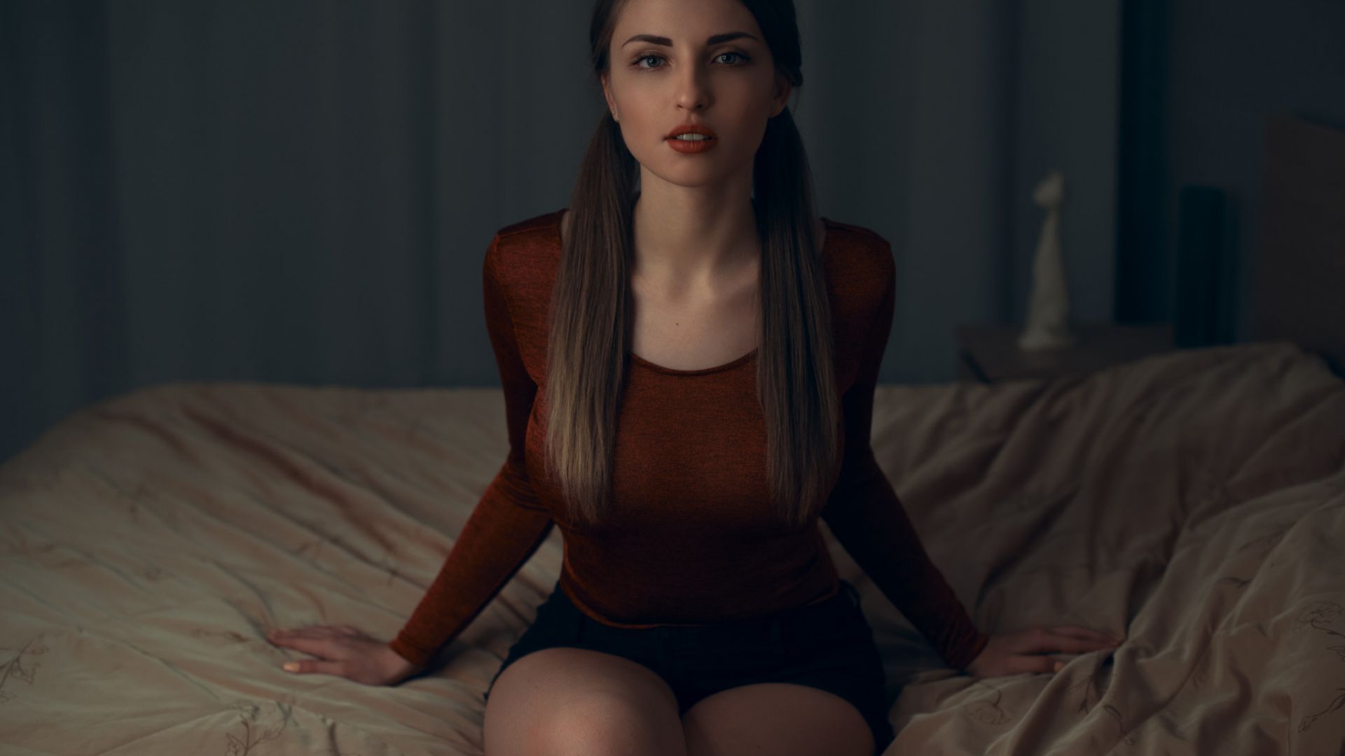 Wallpaper Brunette, girl model, sit, bed