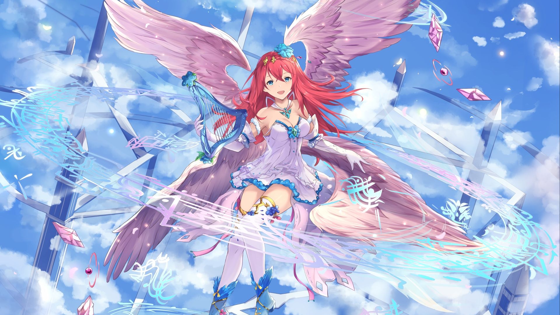 Wallpaper Red head, anime girl, wings, fly