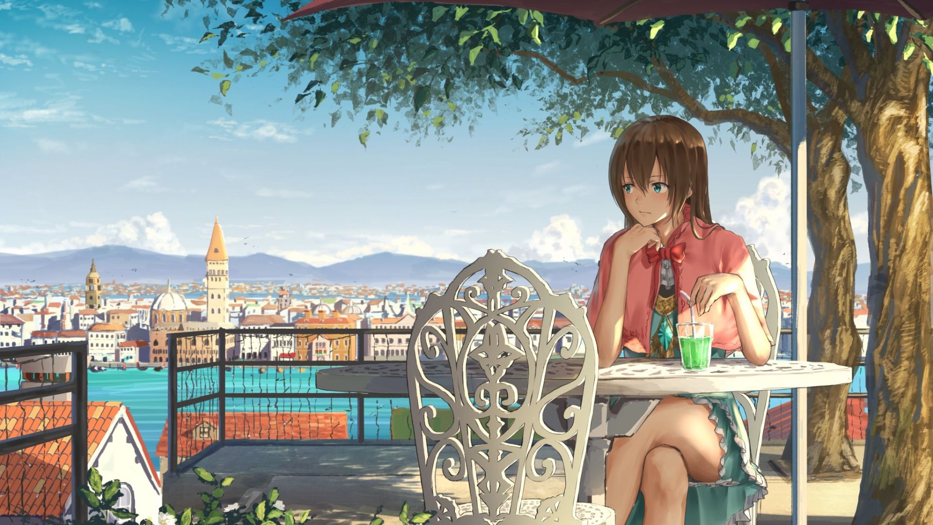 Wallpaper Cute girl, anime, drinking, summer