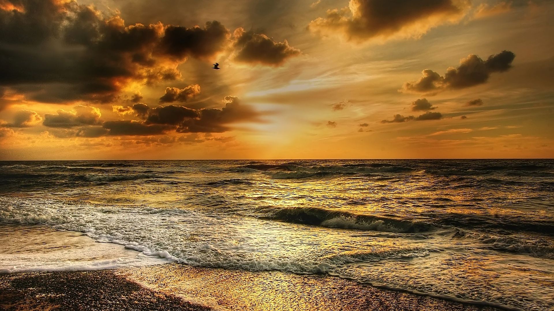 Wallpaper Sunset, nature, skyline, clouds, sea waves