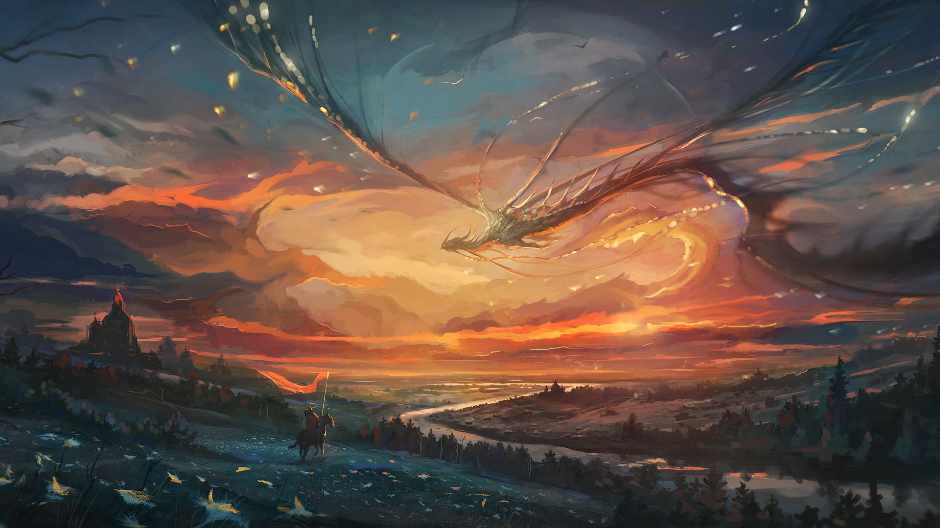Wallpaper Warrior, dragon, flight, sunset, art