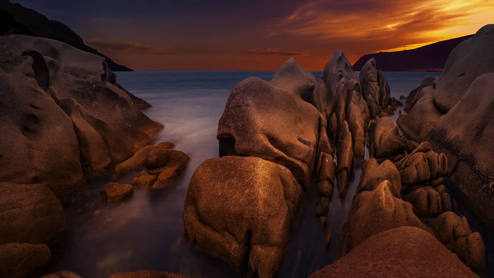 Wallpaper Sunset, rocks, beach, sea, nature