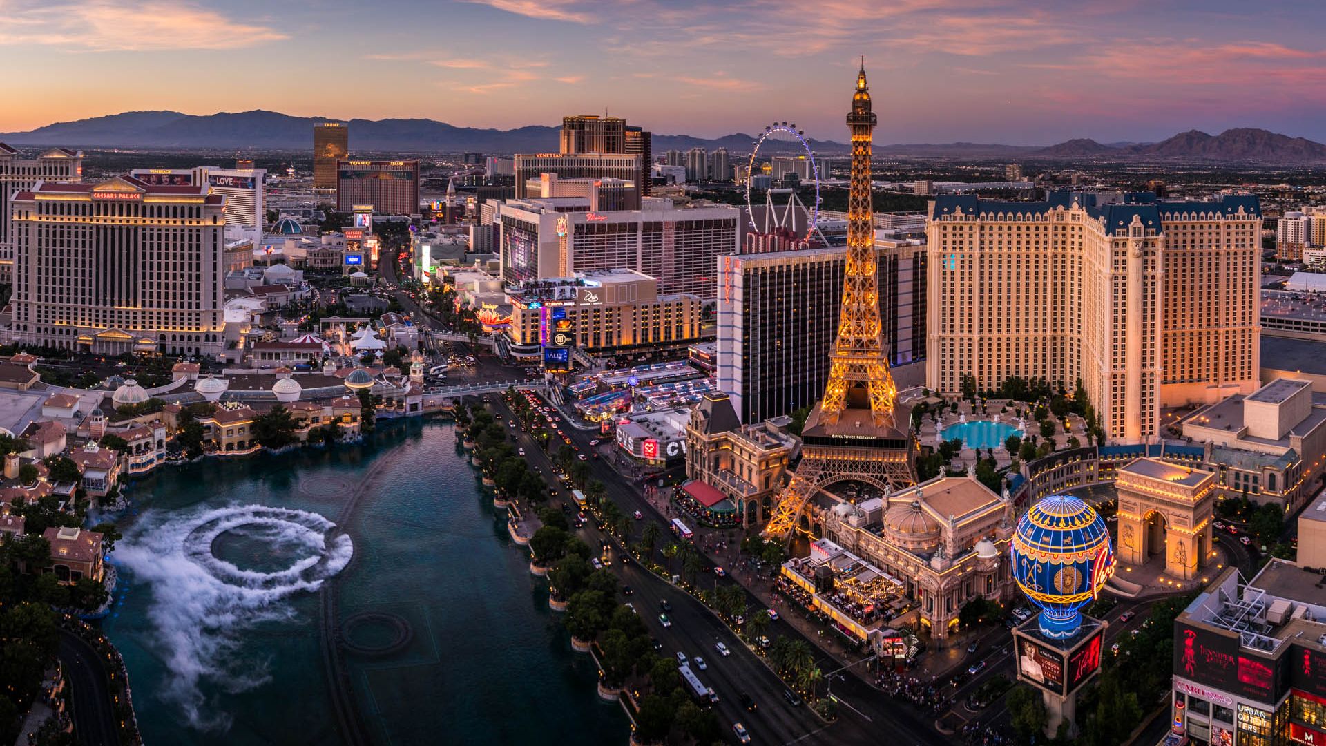 Wallpaper Las Vegas, city, sunset, aerial view, hotels, Casinos