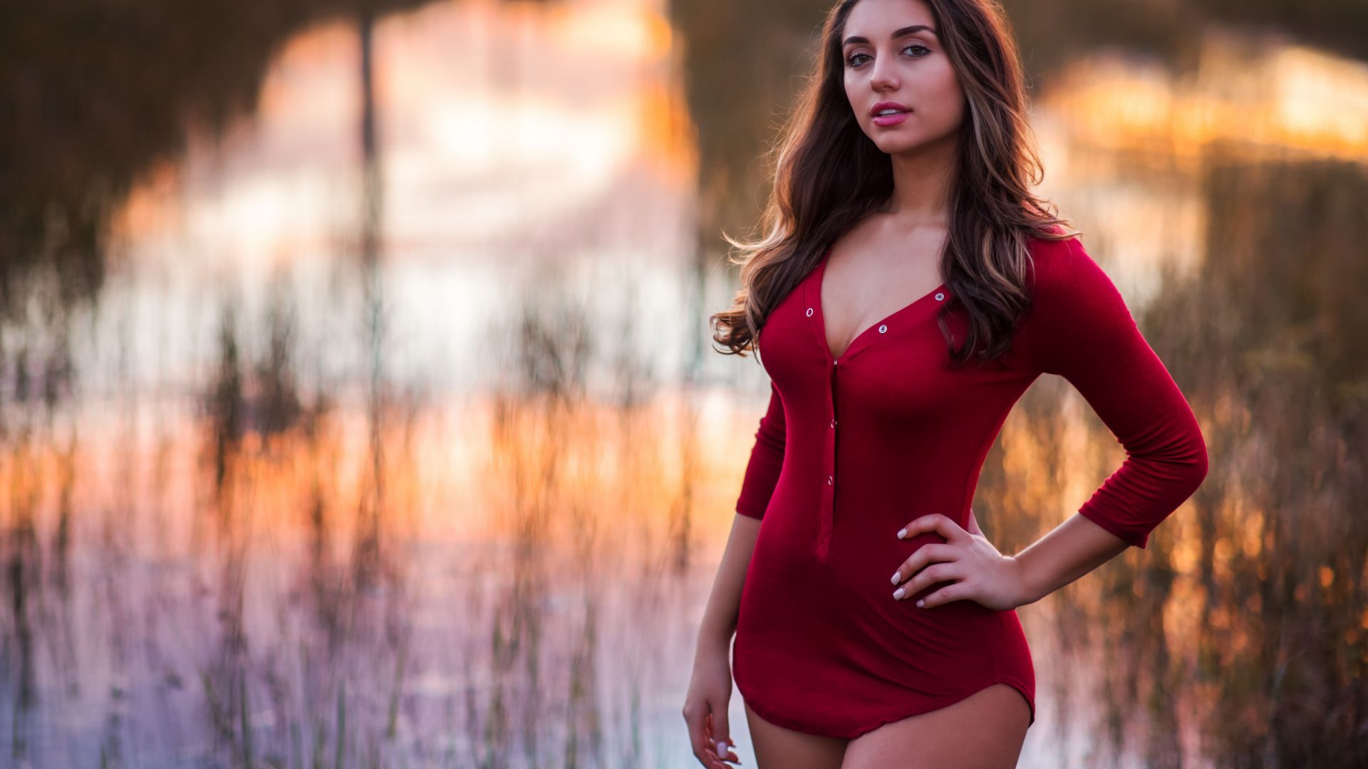 Wallpaper Hot girl model, red outfit, outdoor, lake