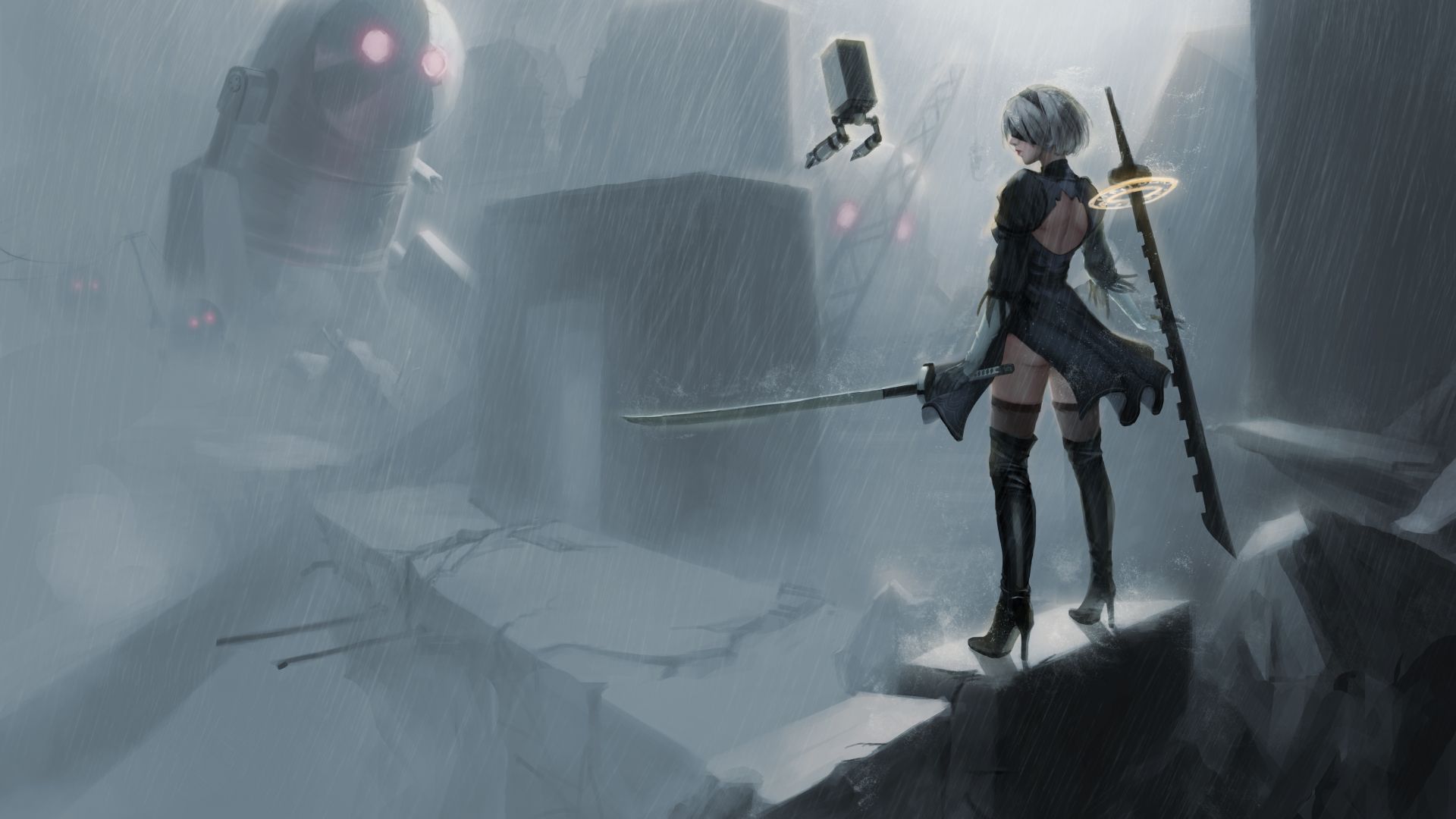 Wallpaper Rain, sword, Nier: Automata, video game, 2b, 4k