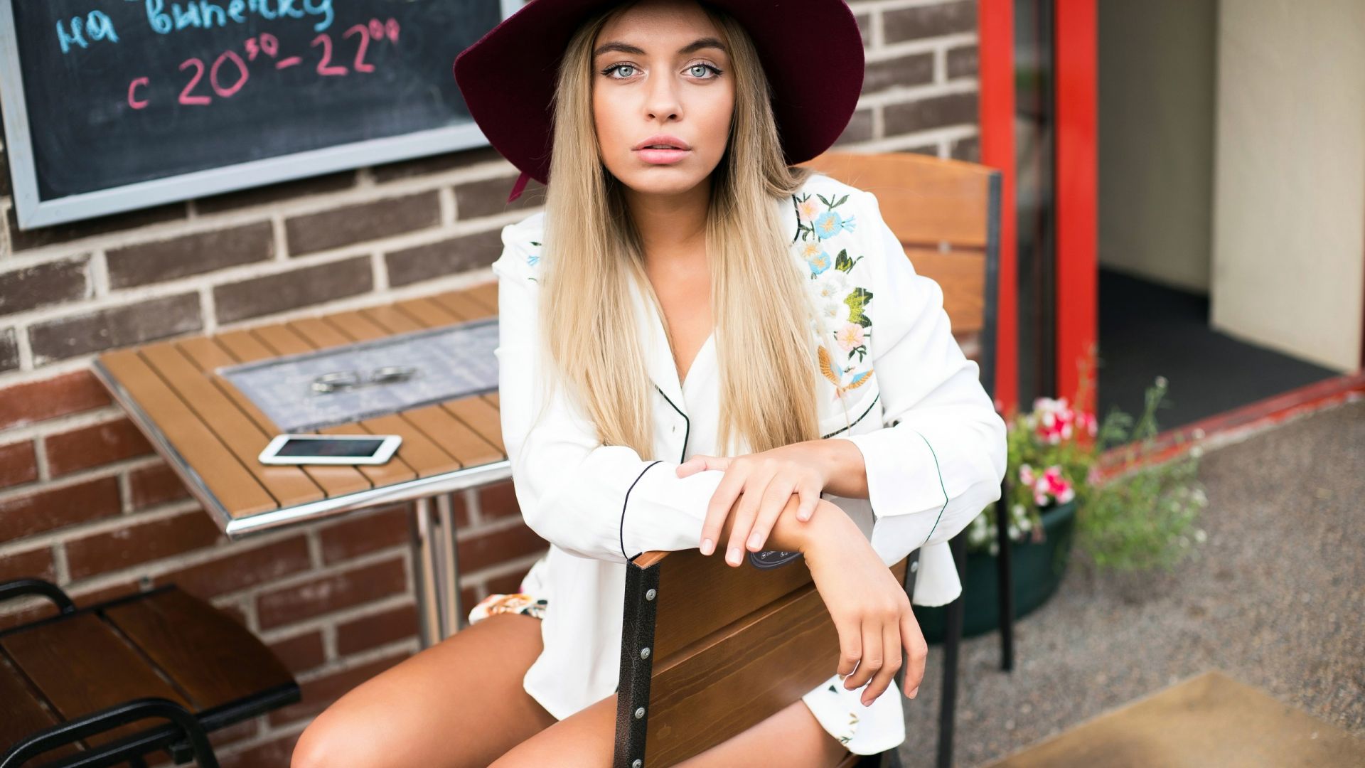 Wallpaper Hat, blonde, woman, white dress, sit