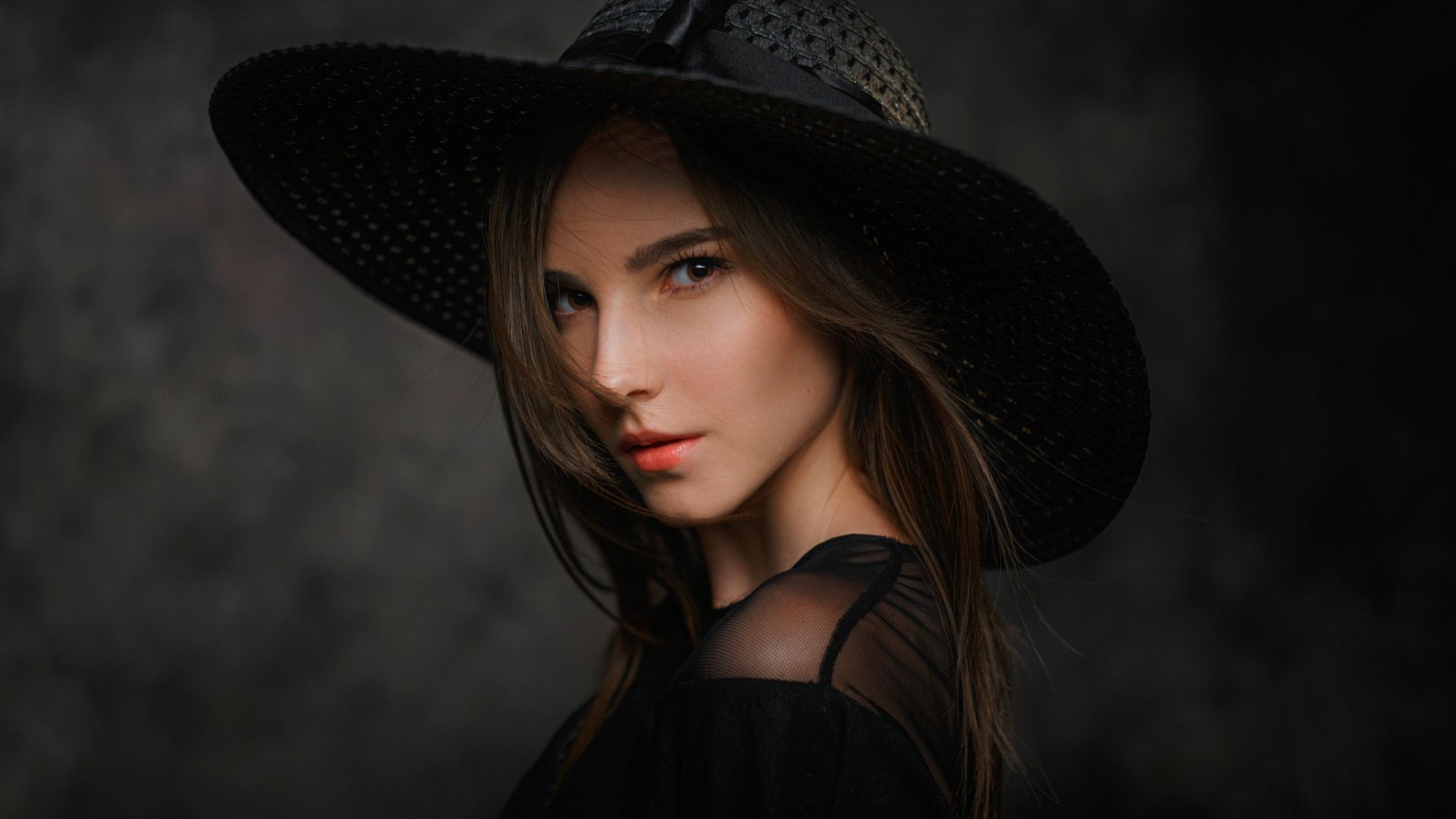 Wallpaper Stare, black dress, girl model, hat