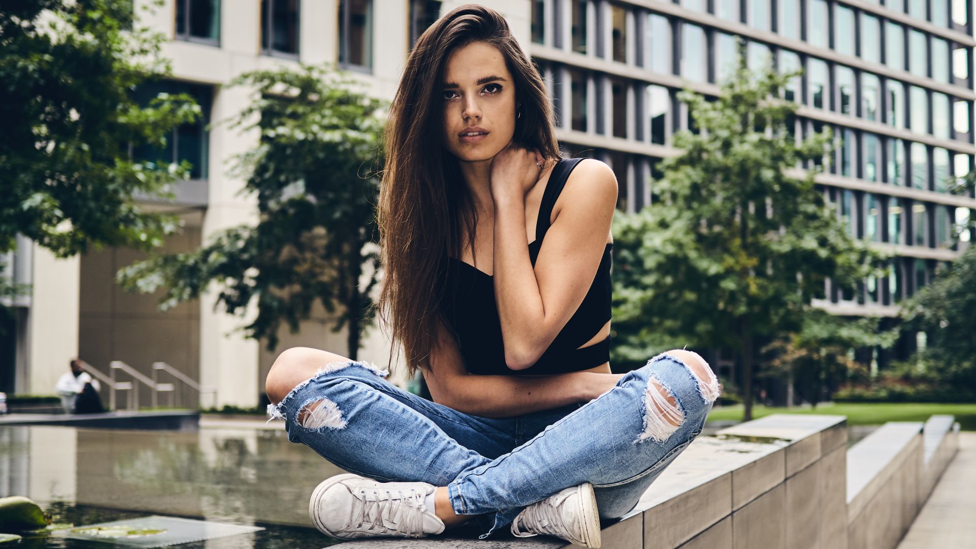 Wallpaper Brunette, girl model, teared jeans