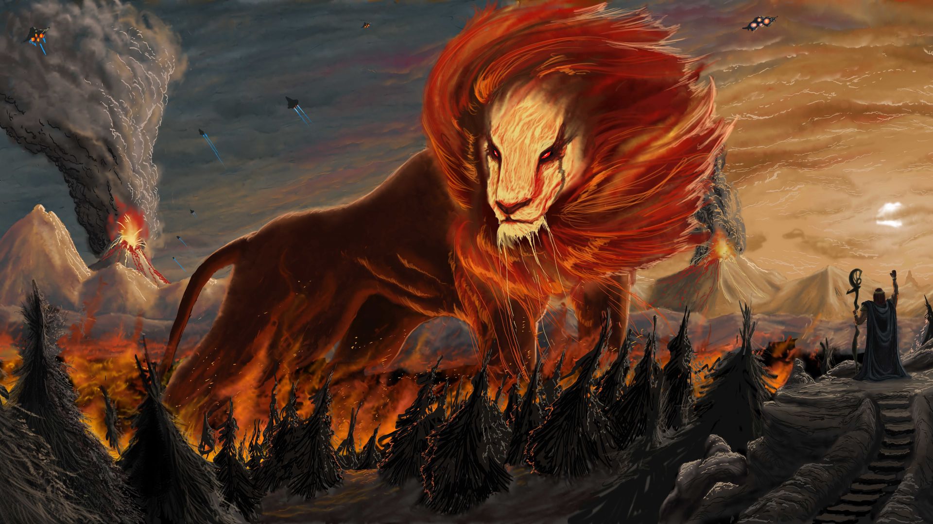 Wallpaper Lion, fire flames, fantasy, beast, art, 10k