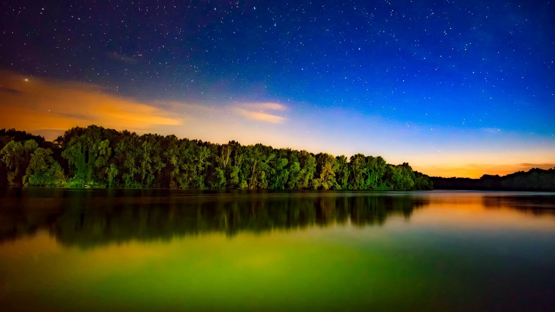 Wallpaper Tree, lake, night, stars, reflections, nature