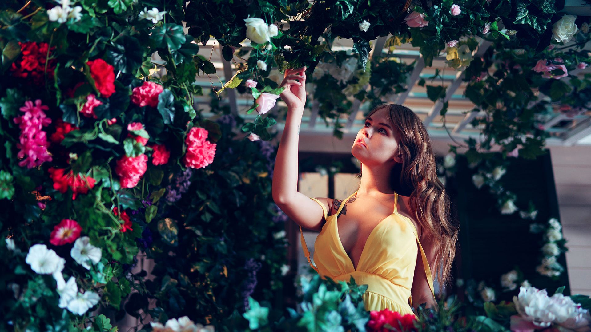 Wallpaper Anastasia Scheglova, girl model, yellow dress, flowers