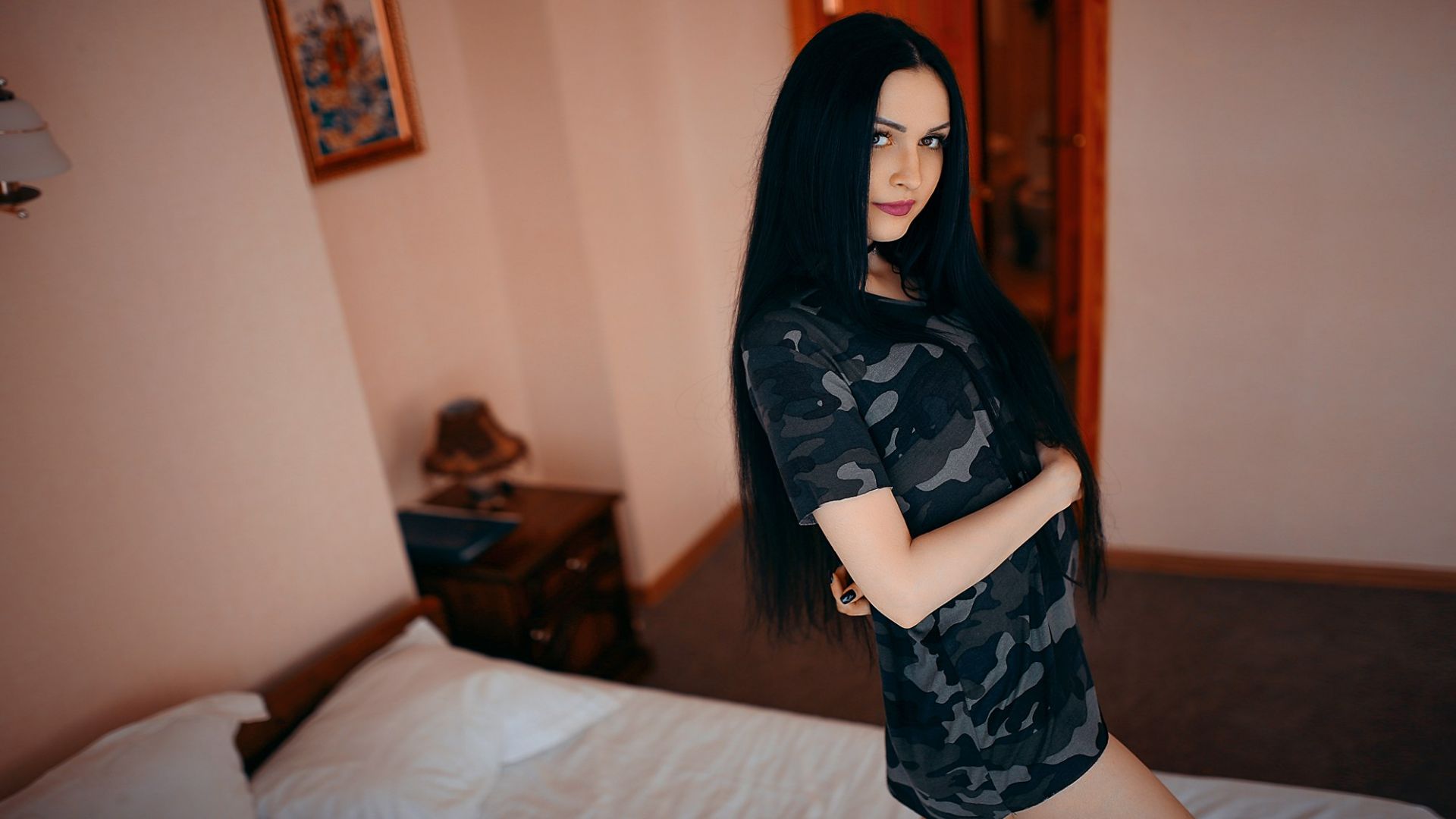 Wallpaper Girl model, bedroom, black hair