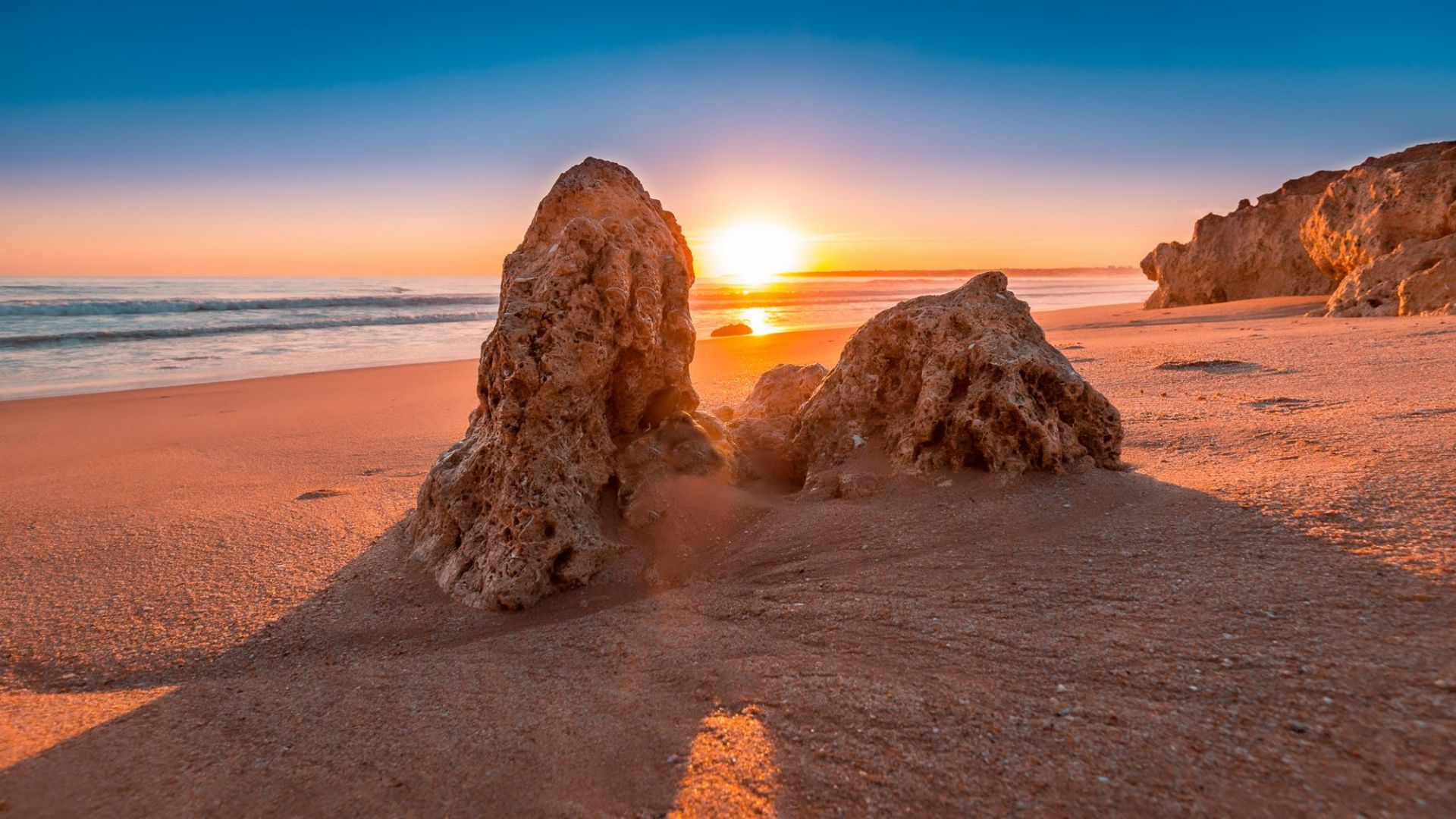 Wallpaper Rocks, sand, Algarve beach, sunset, nature