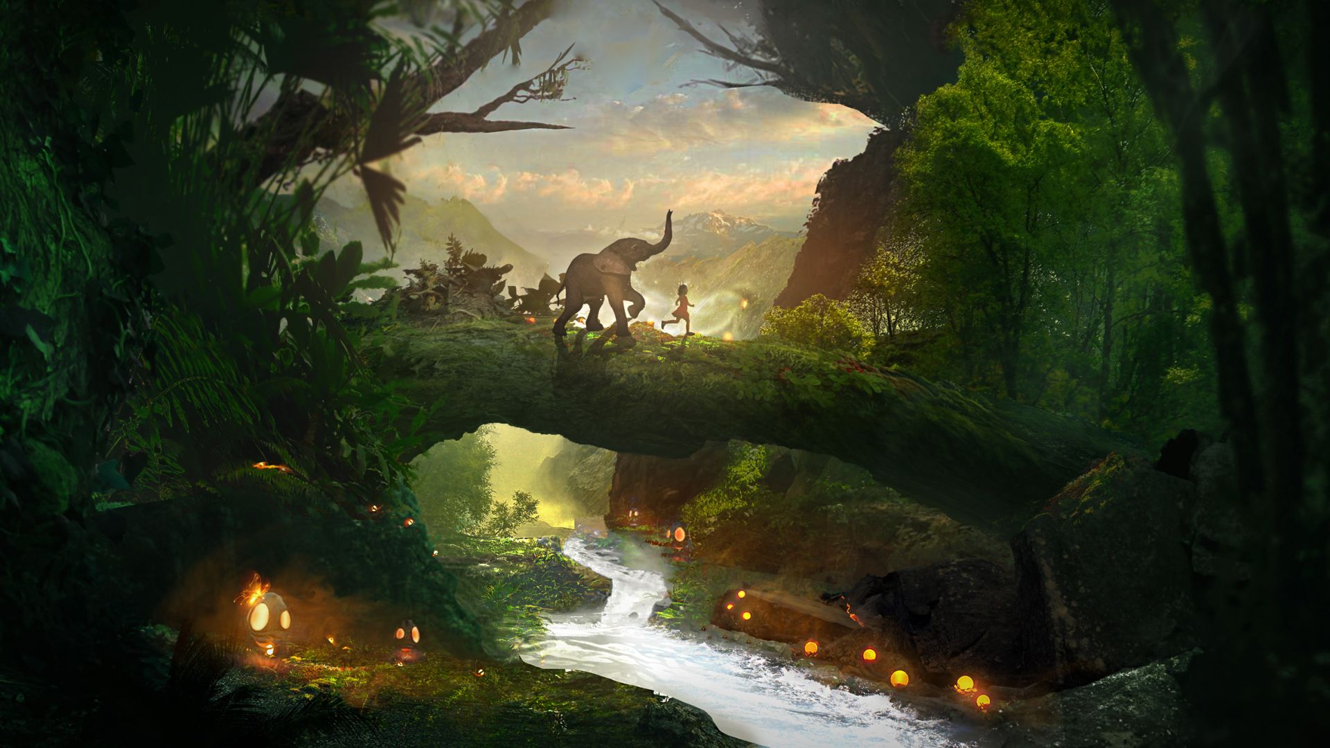 Wallpaper Forest, river, stream, playtime, fantasy, elephant