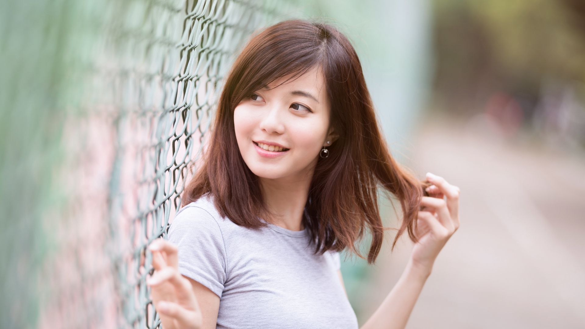 Wallpaper Asian model, girl, fence, looking away