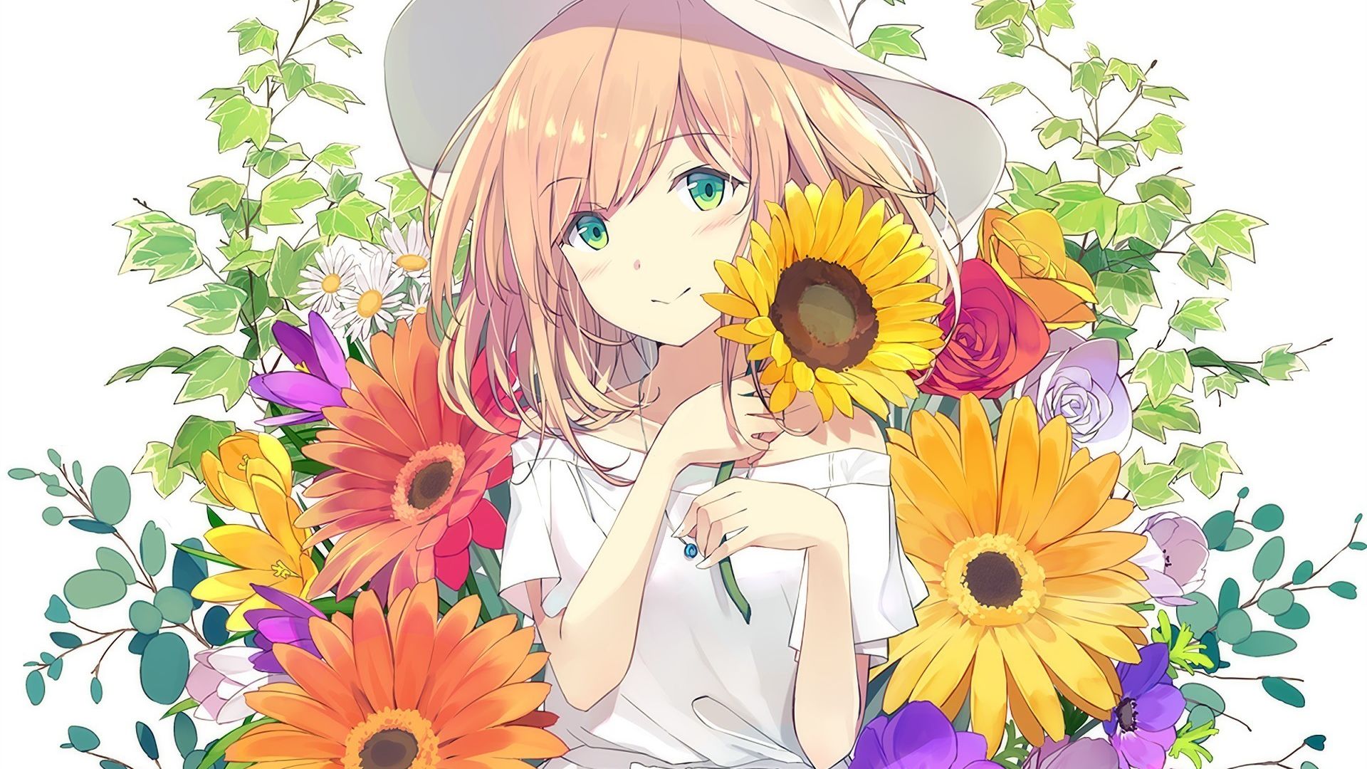 Wallpaper Cute, anime girl, flowers, original