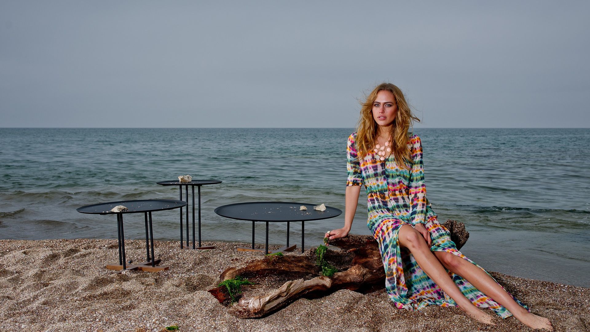 Wallpaper Girl model, beach, sitting, blonde