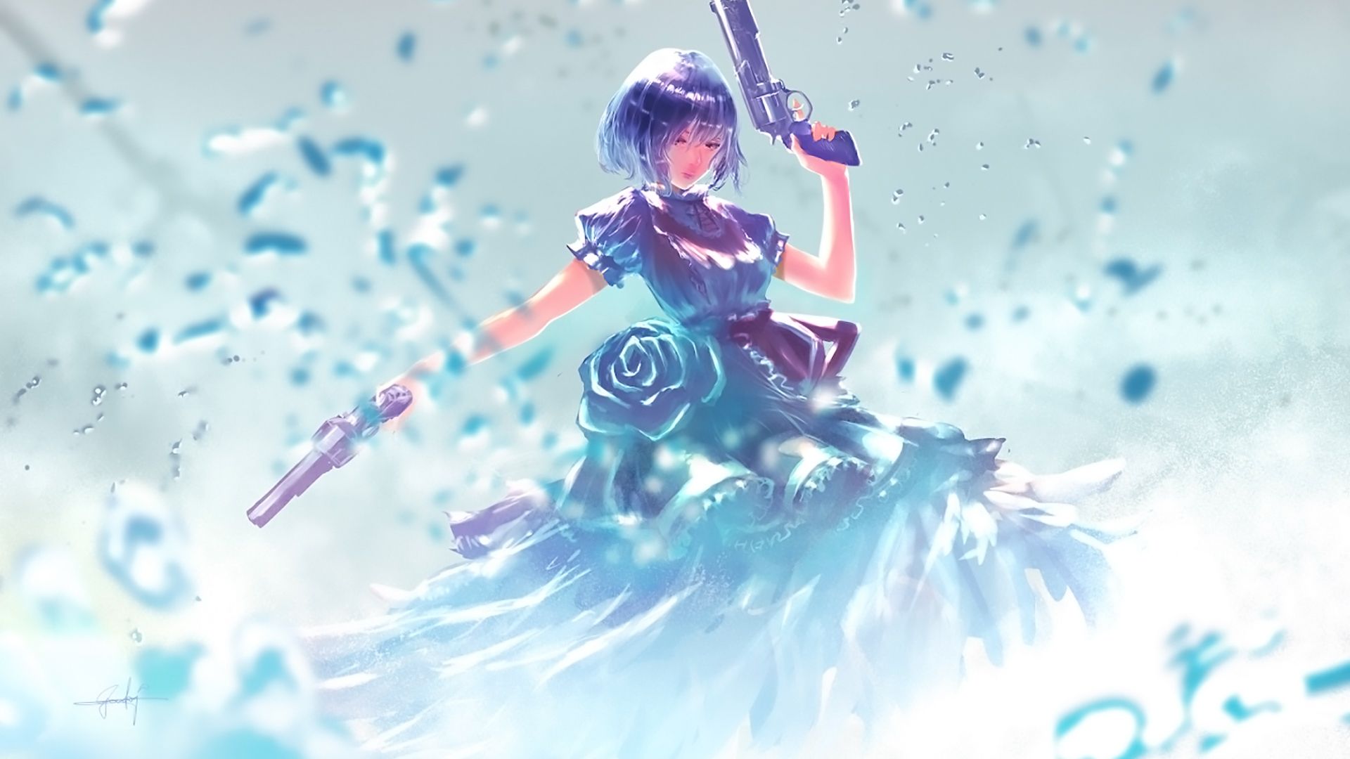 Wallpaper Blue short hair girl, anime with guns