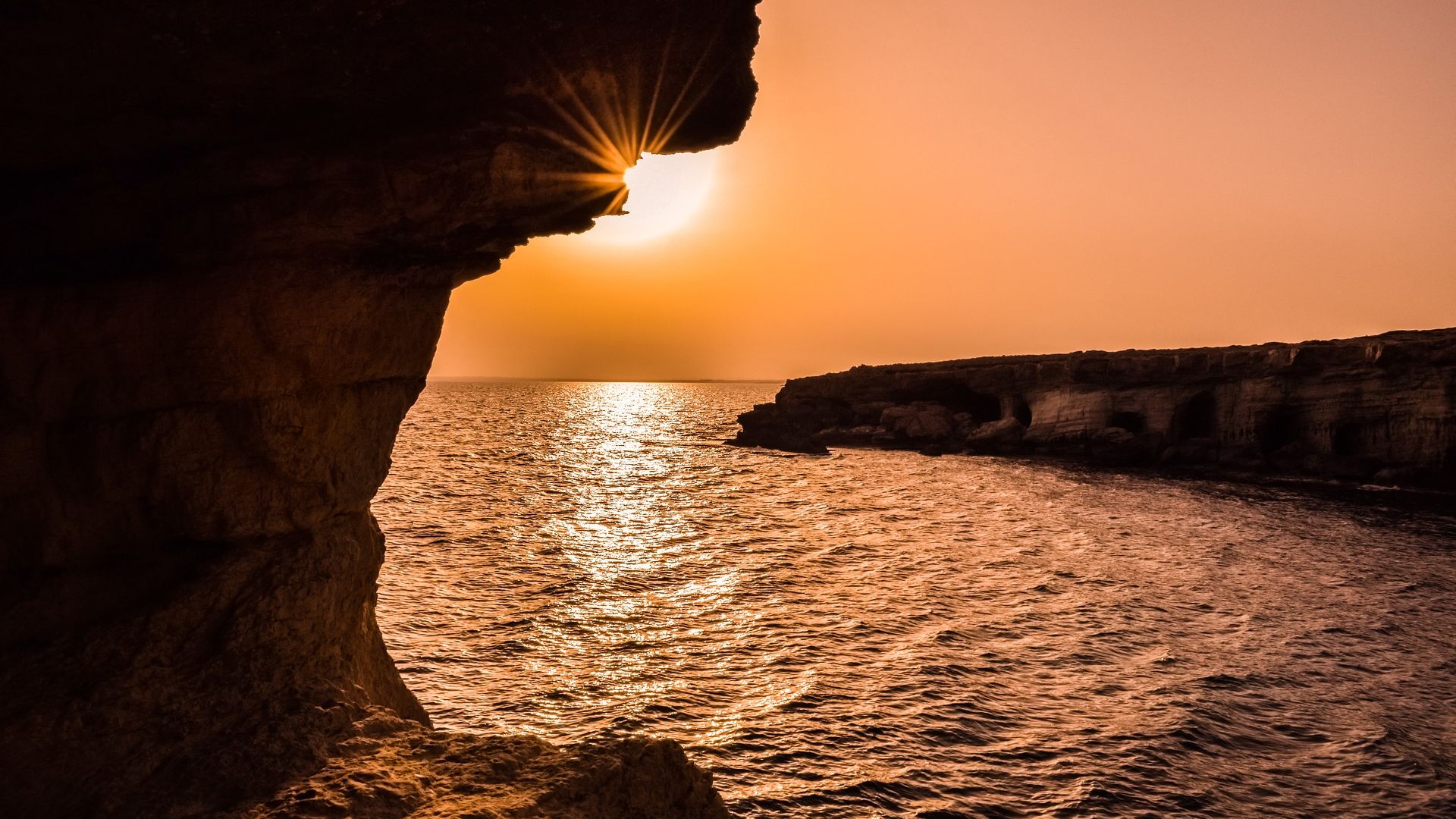 Wallpaper Sunset, cliff, sea, nature