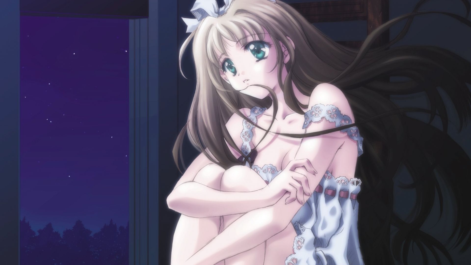 Wallpaper Long hair, anime girl, night dress, cute