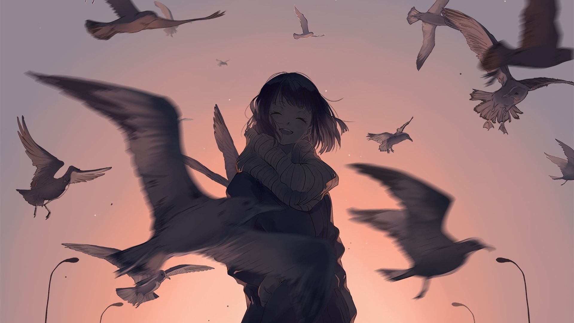 Wallpaper Cute anime girl, outdoor, art, seagulls