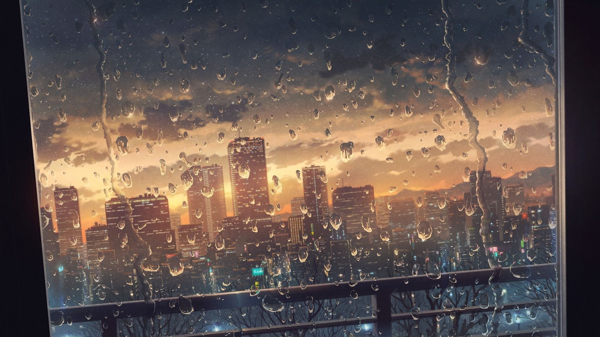 Wallpaper Window glass, surface, water drops, anime, city