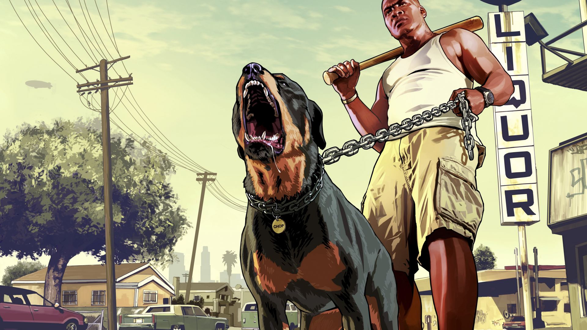 Wallpaper Grand Theft Auto V, franklin with chop, rottweiler, video game, 8k