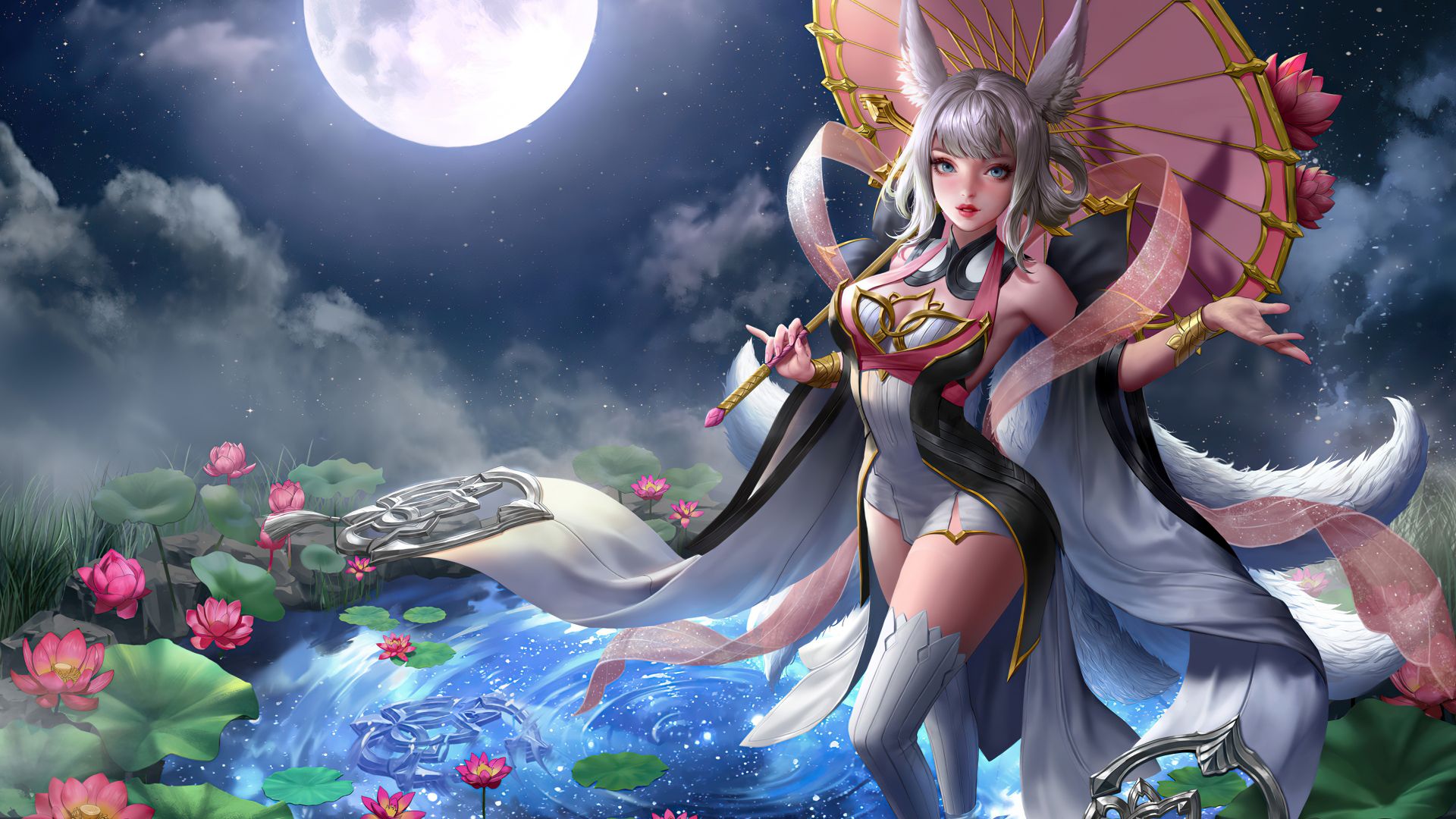 Wallpaper Anime girl, water lilies, moon, fantasy