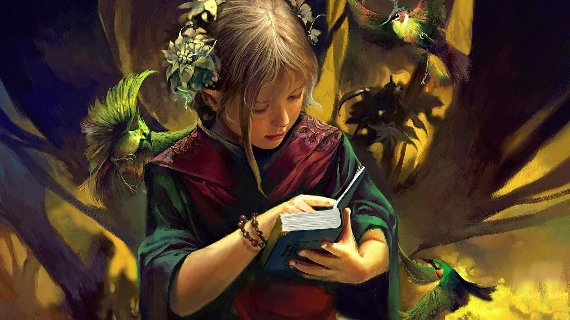 Wallpaper Fantasy, cute girl, reading, book, art