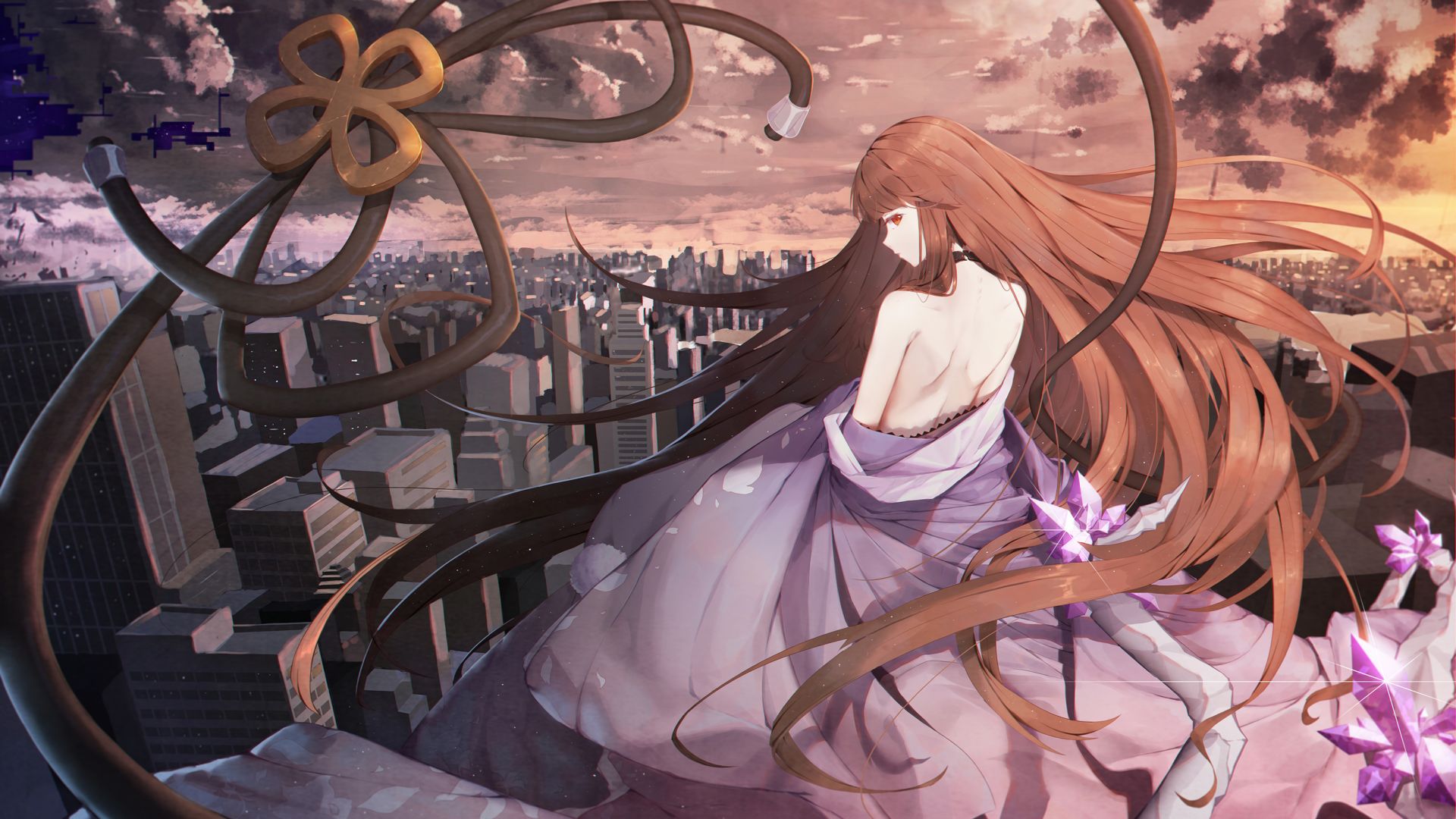 Wallpaper Anime girl, long hair, roof top