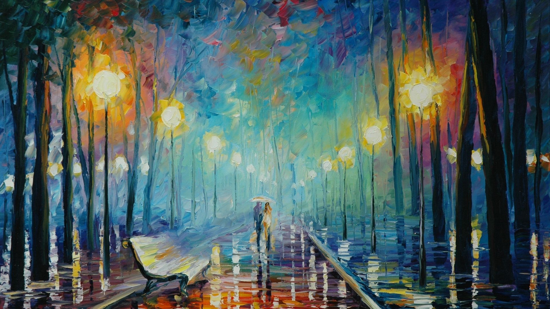 Wallpaper Couple, walk, art, rain, bench, tree