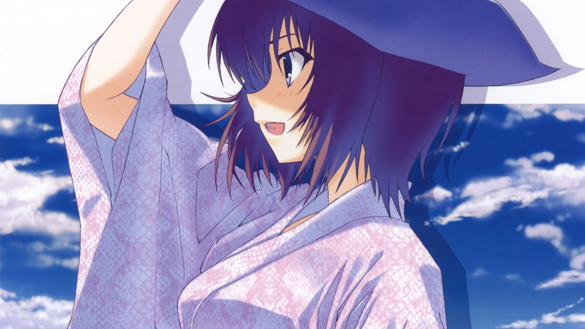 Wallpaper Anime girl, short hair, blue hat