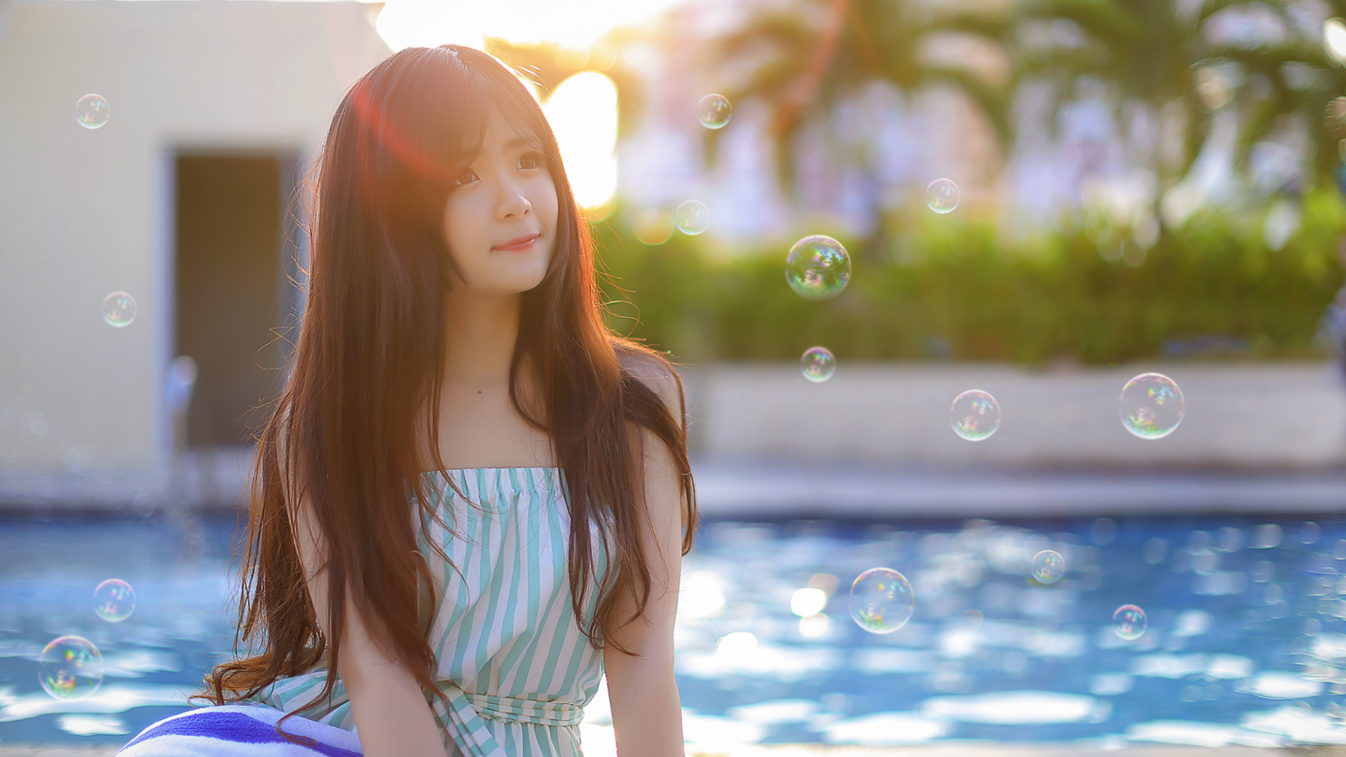 Wallpaper Asian girl, playing with bubbles, swimming pool