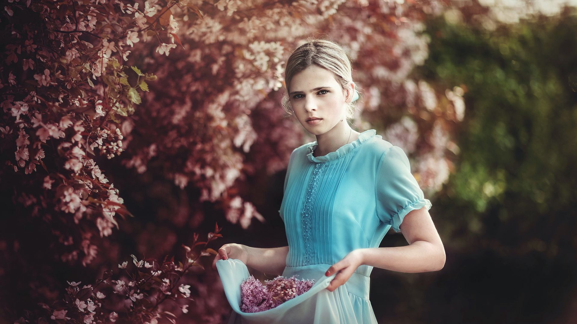 Wallpaper Flowers, blossom, blue dress, girl model, outdoor