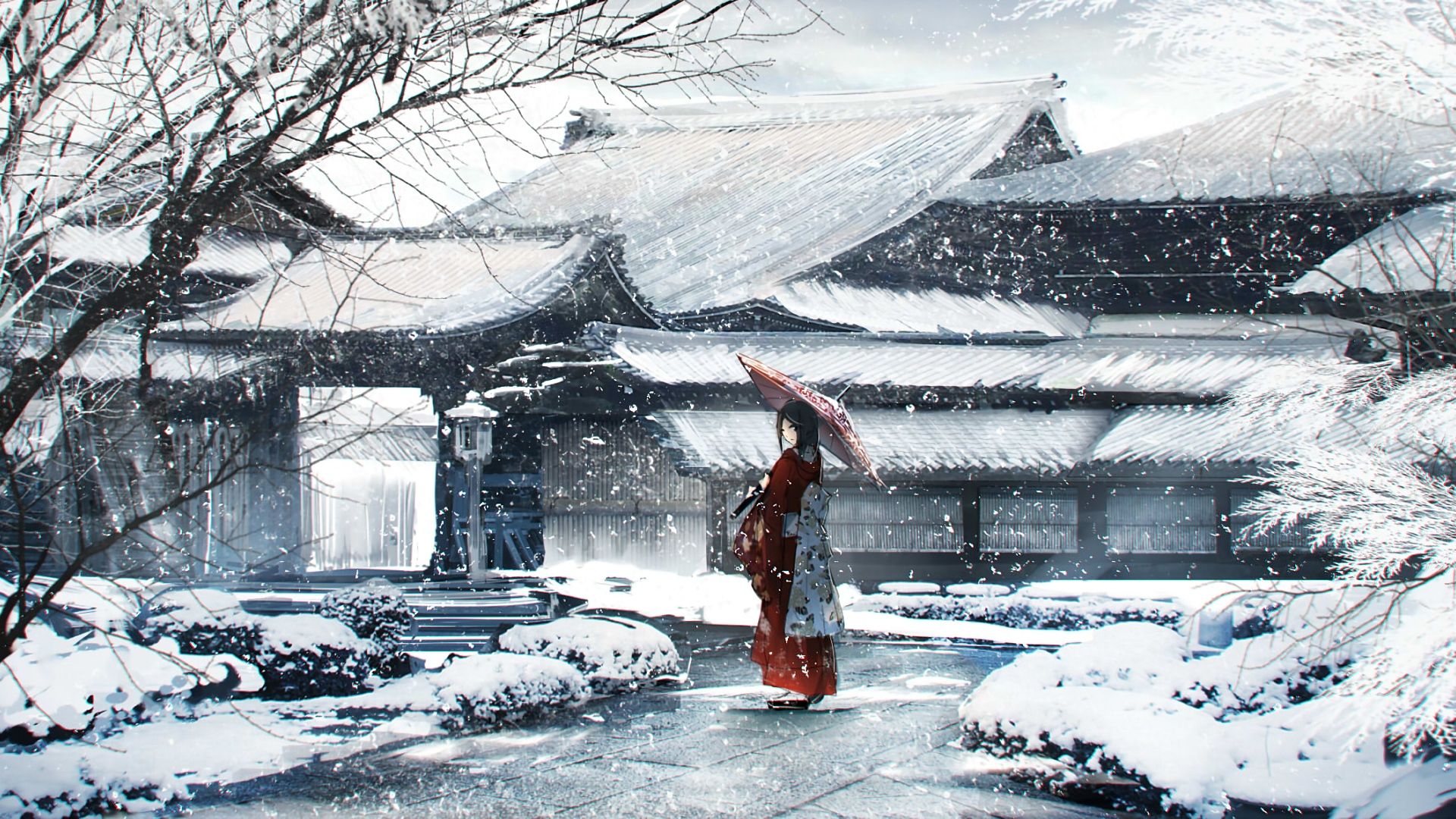 Wallpaper Winter, anime girl, umbrella, outdoor