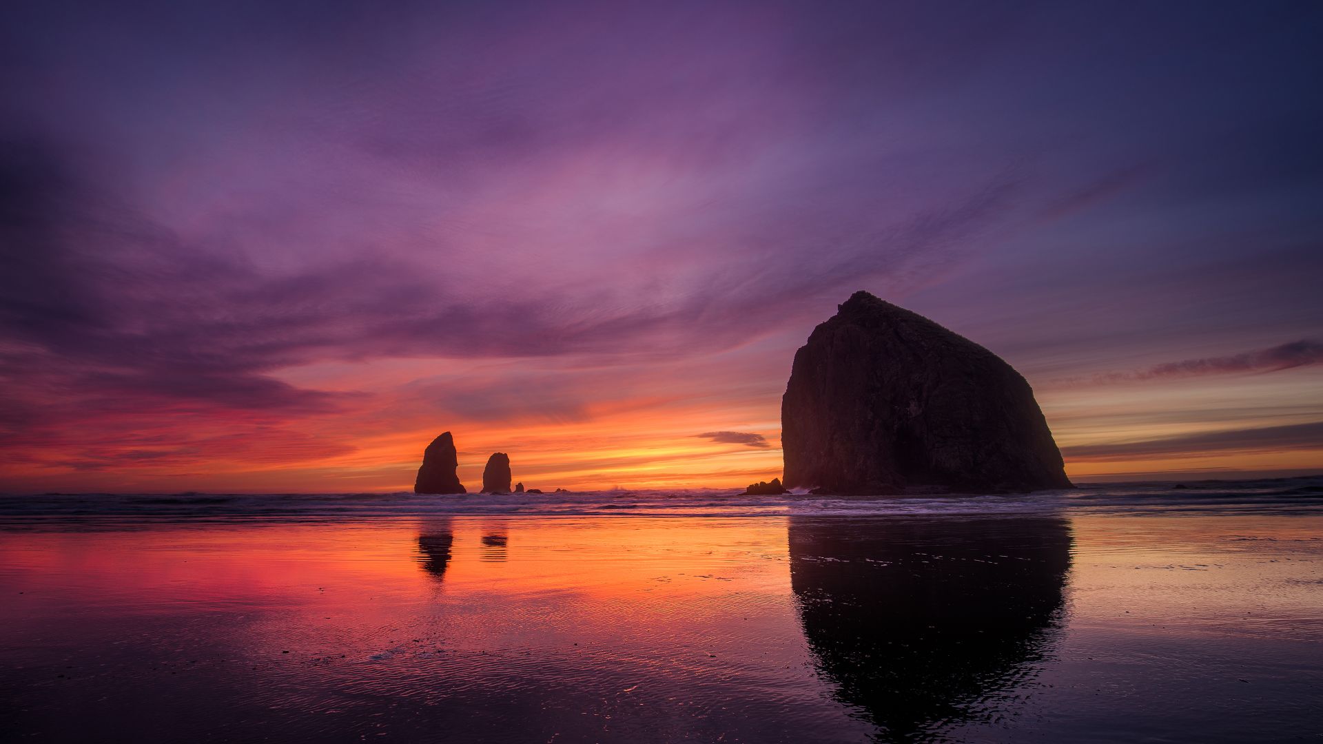 Wallpaper Sunset, reflections, coast, rocks