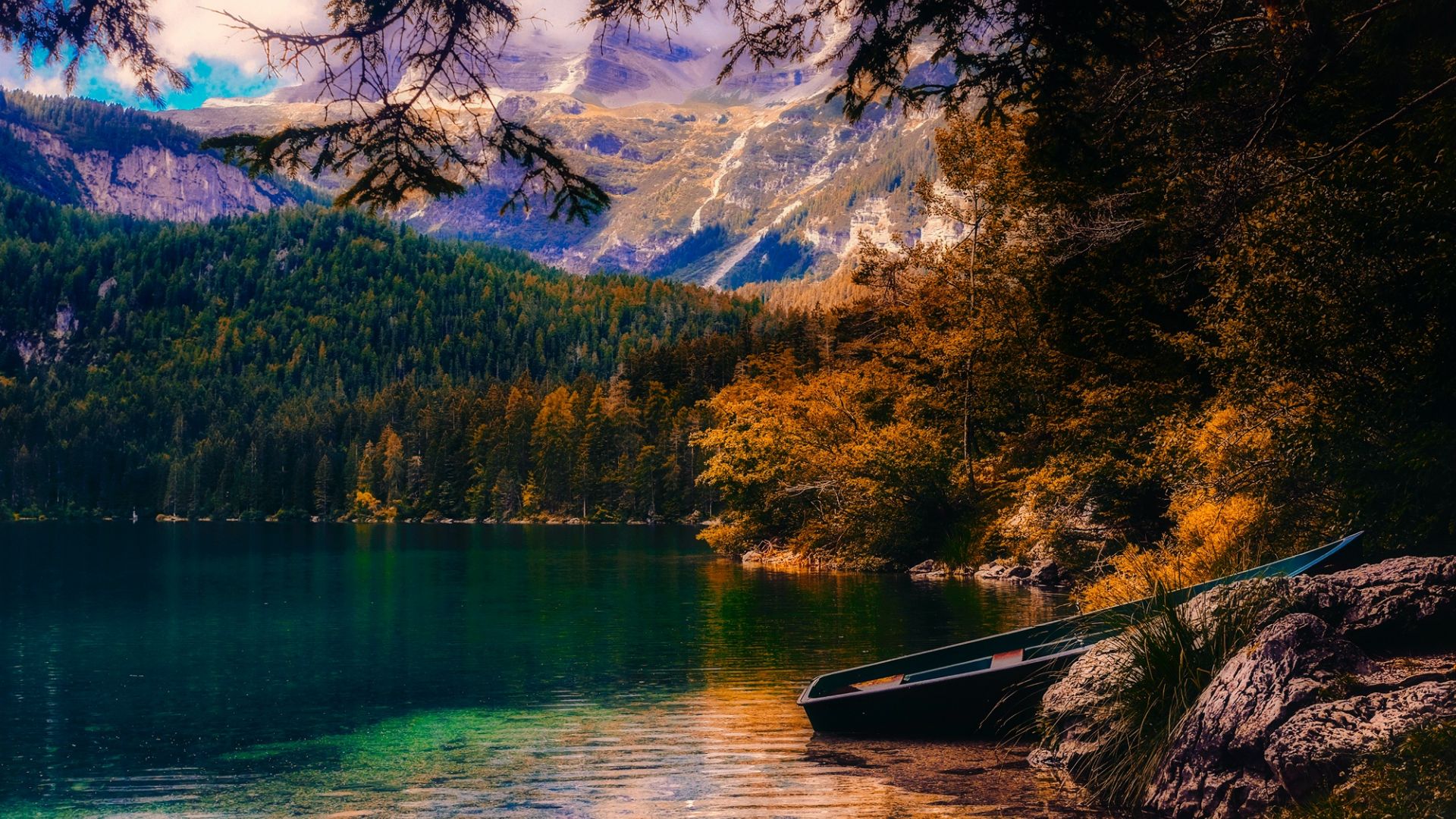 Wallpaper Lake, tree, mountains, boat, italy