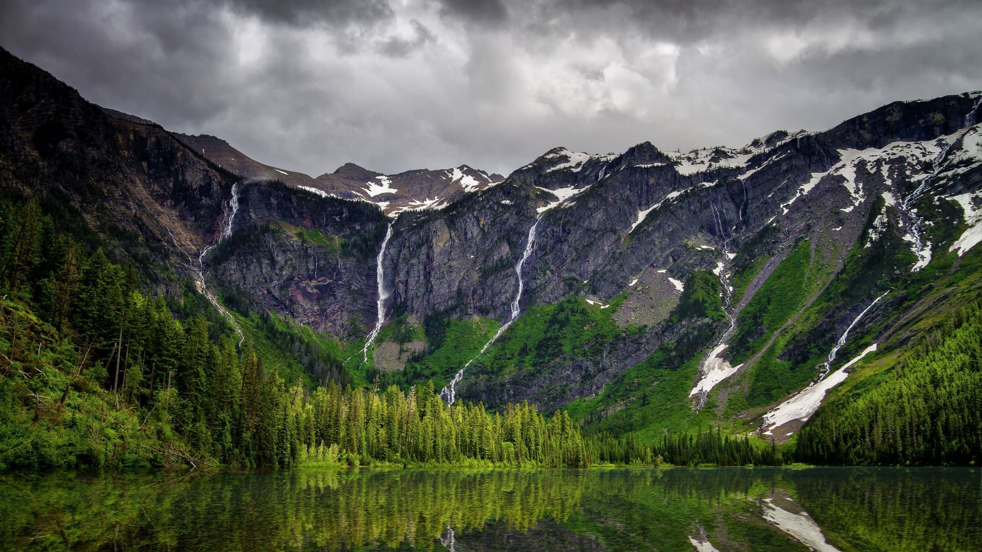Wallpaper Clouds, mountains, lake, waterfalls