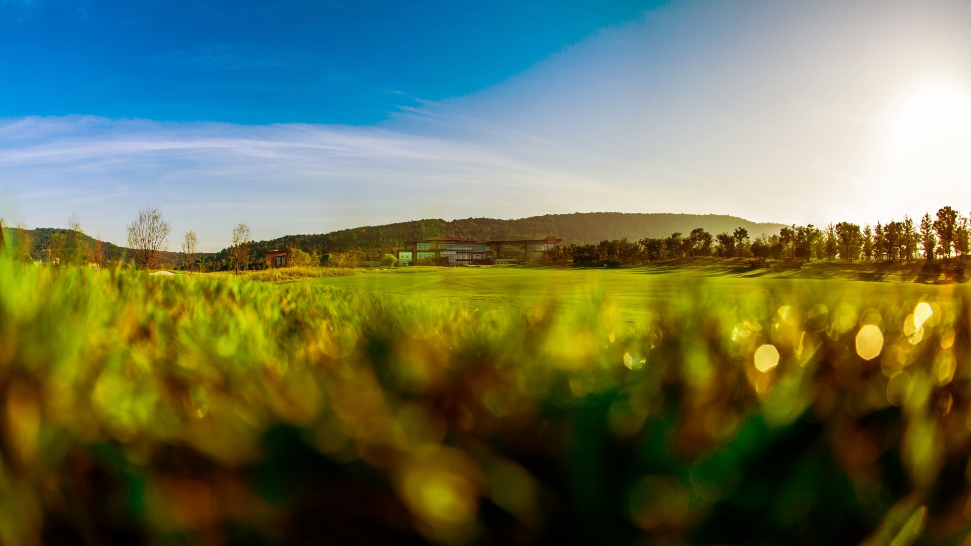 Wallpaper Green landscape, golf court, blue sky, grass