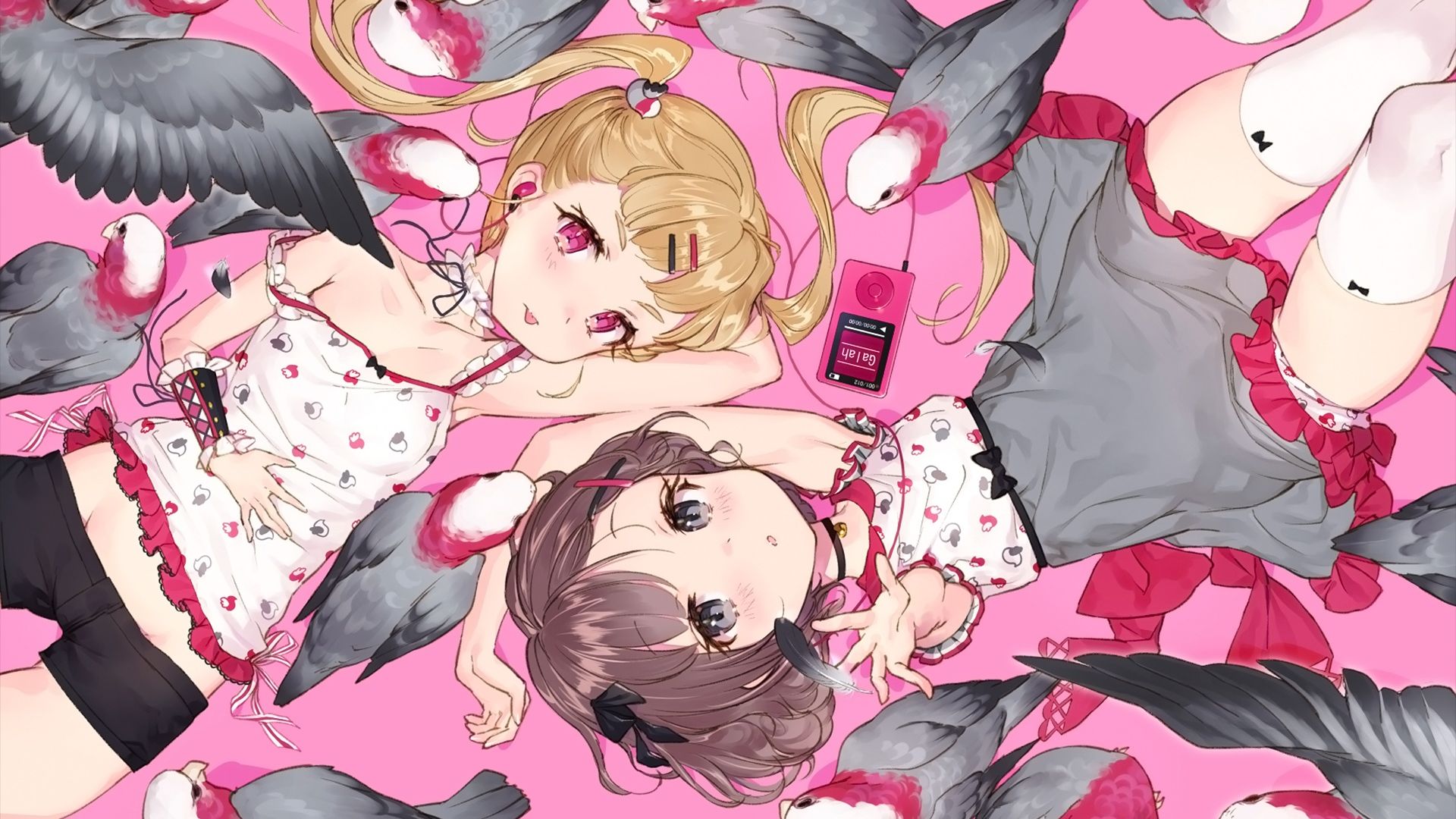 Wallpaper Parrots, anime girls, lying down, original, friends