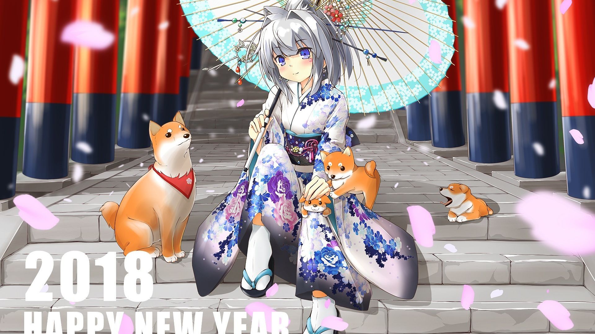 Wallpaper Kitten, anime girl, umbrella