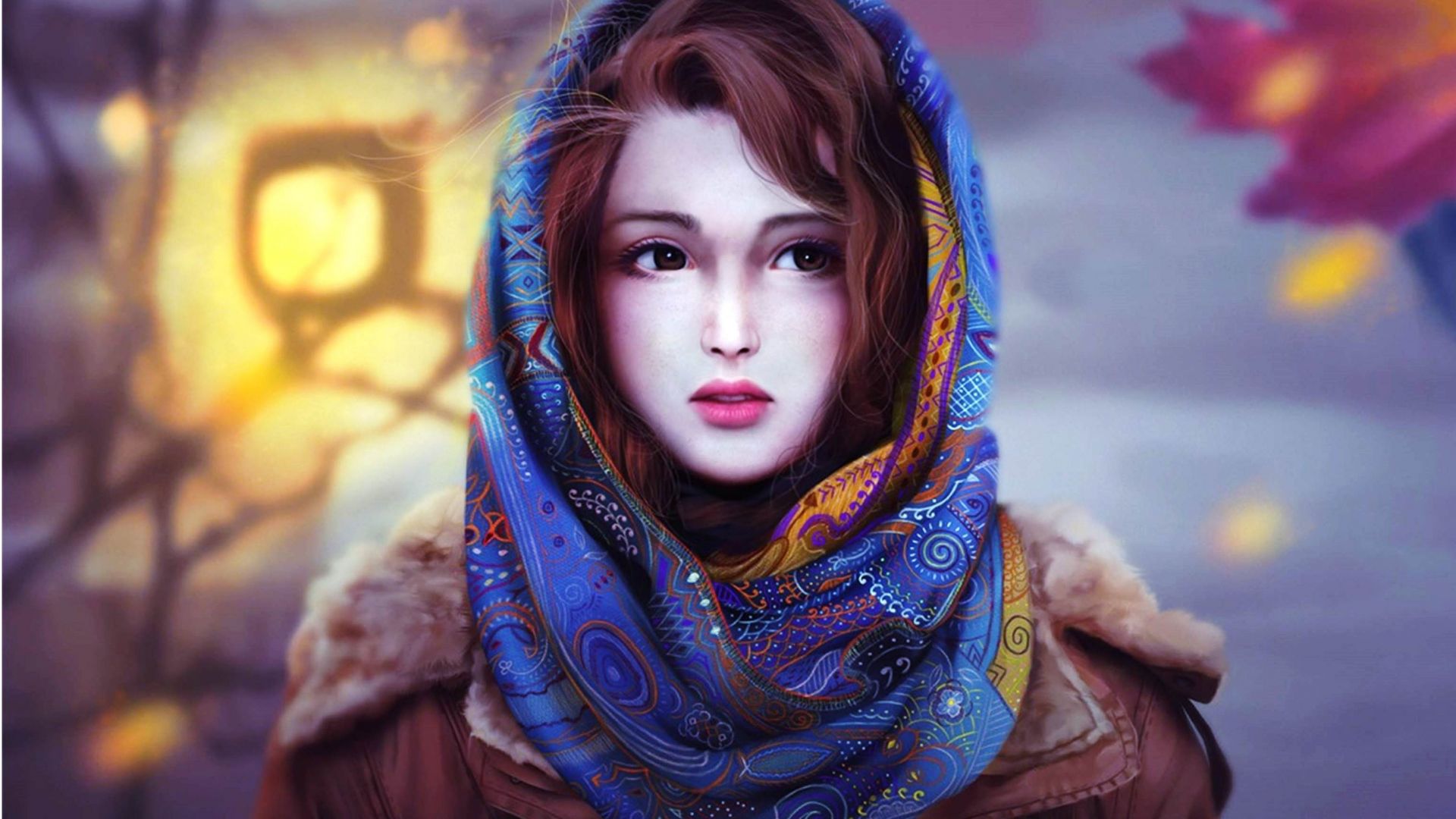 Wallpaper Beautiful girl, artwork, scarf