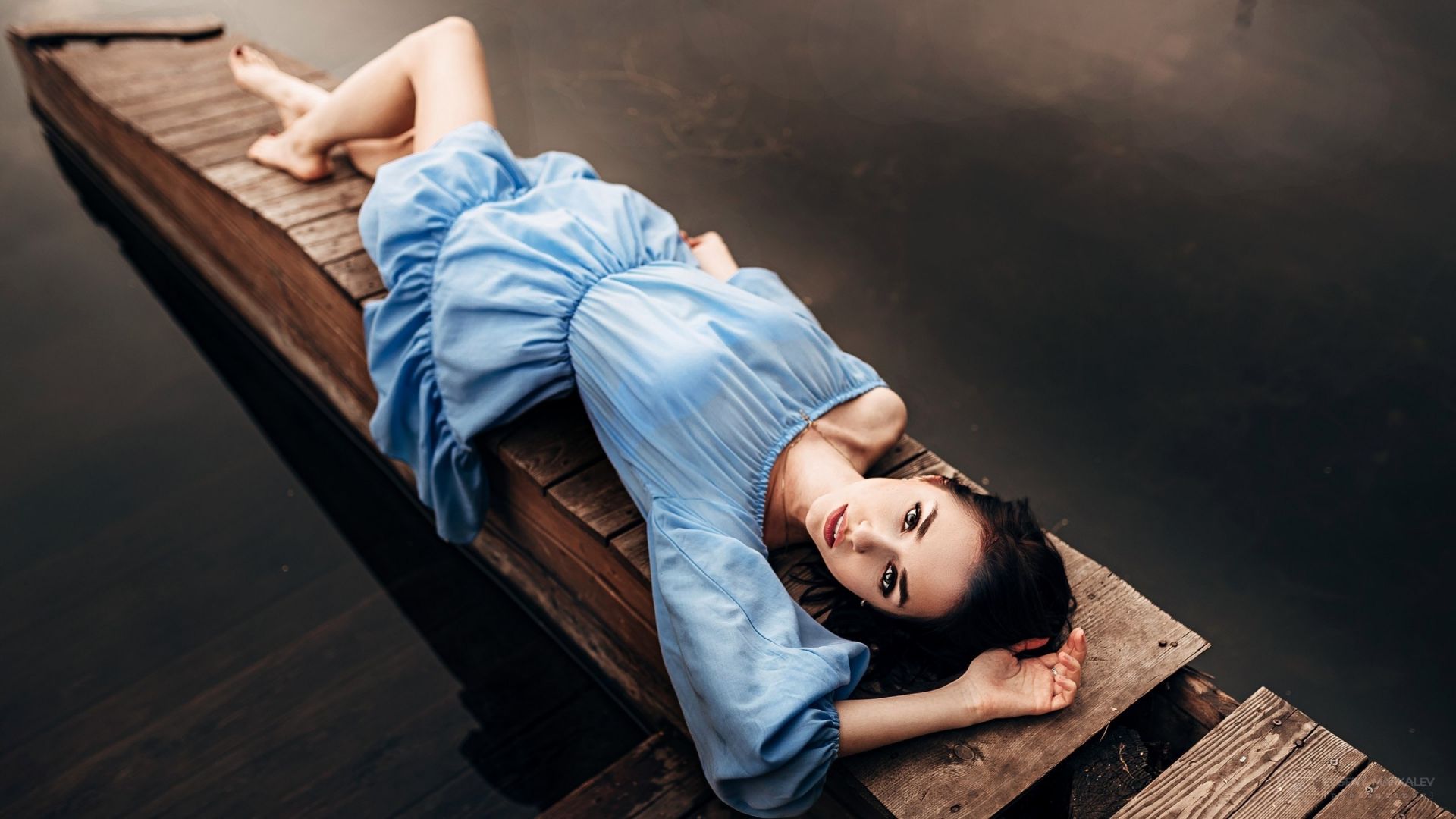 Wallpaper Lying down, dock, girl model, blue dress