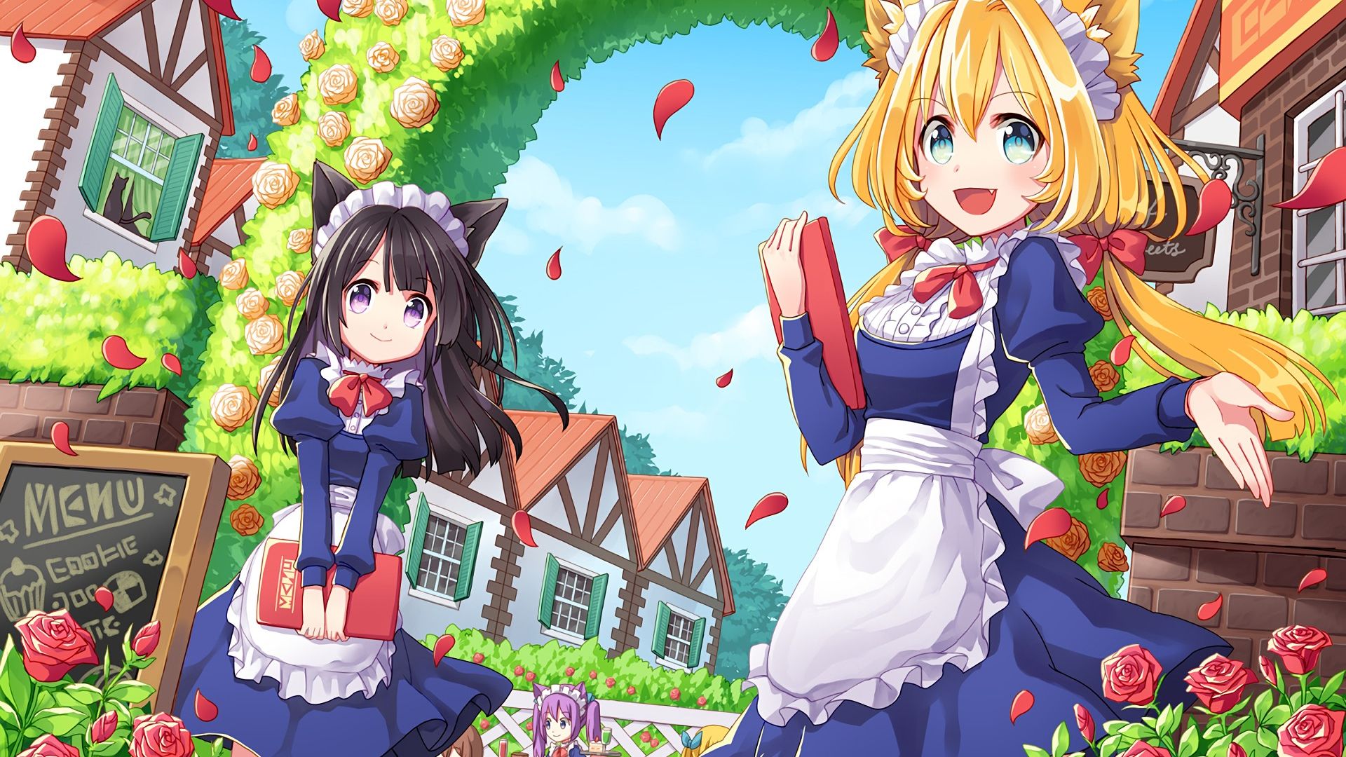 Wallpaper Cute anime girls, school dress, in garden