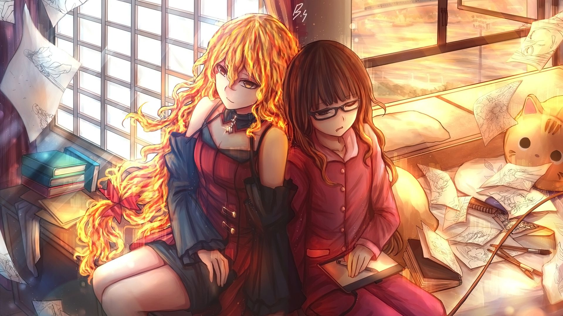 Wallpaper Anime girls, sit, friends