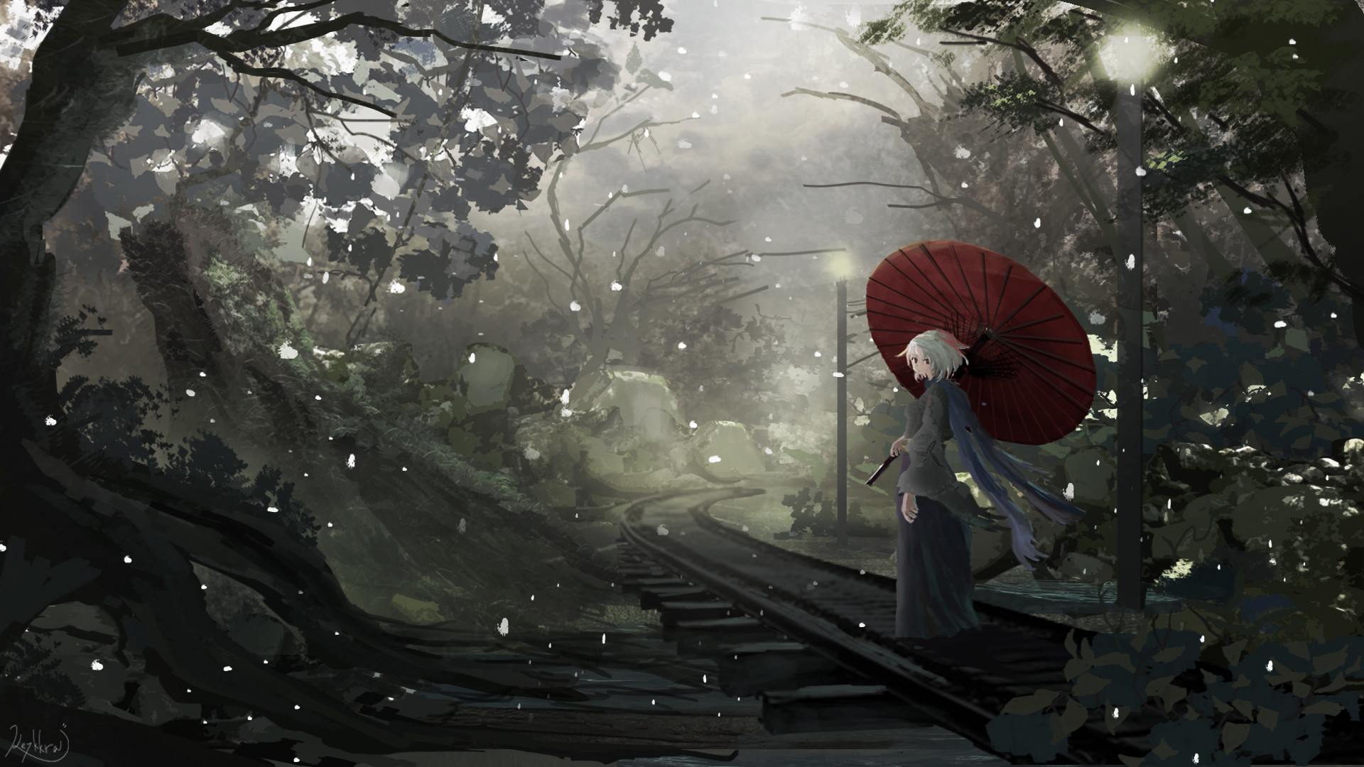 Wallpaper Art, umbrella, anime girl, outdoor