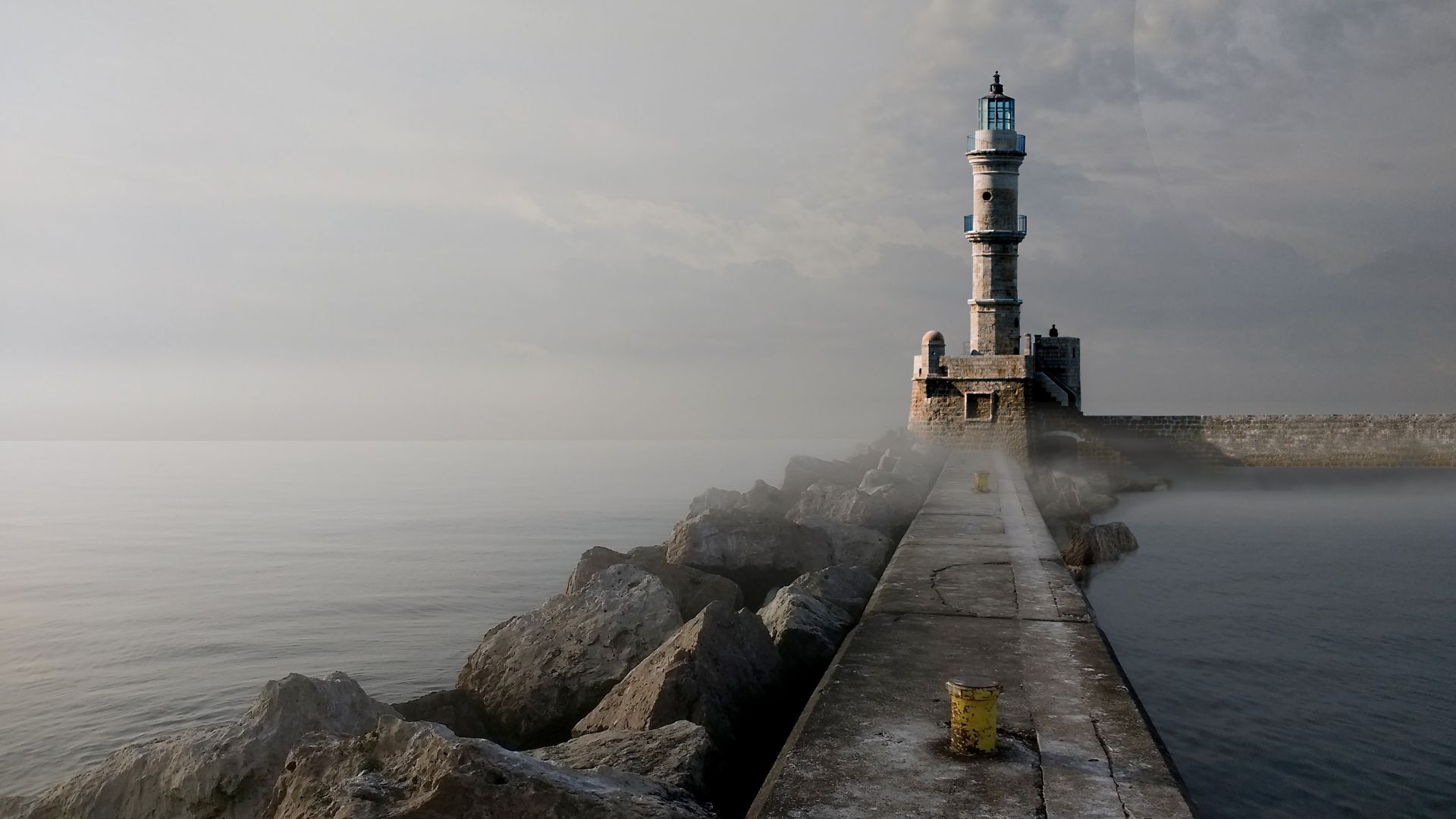 Wallpaper Lighthouse, quay wall, rocks, fog