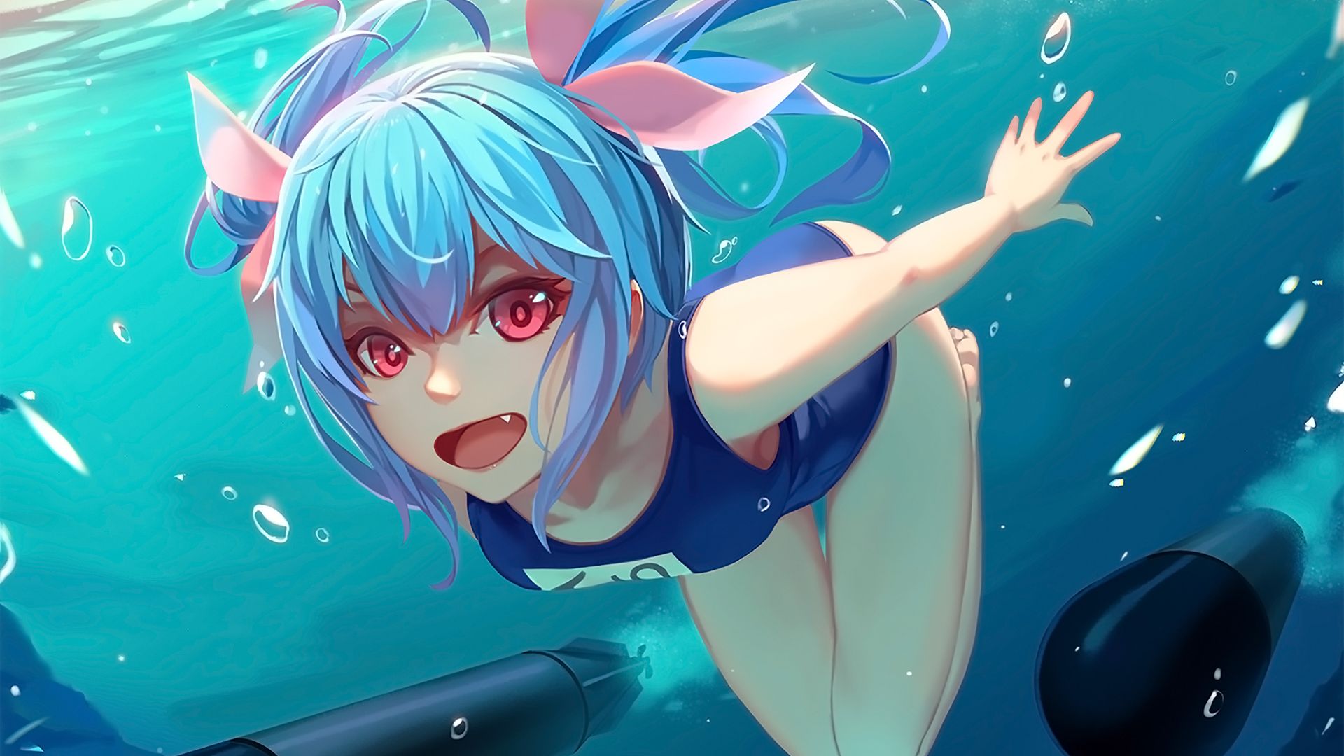 Wallpaper Underwater, anime girl, blue hair, kancolle