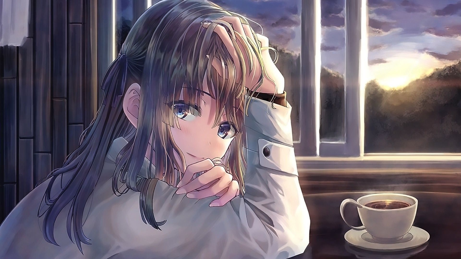Wallpaper Cute girl, sitting at window, anime